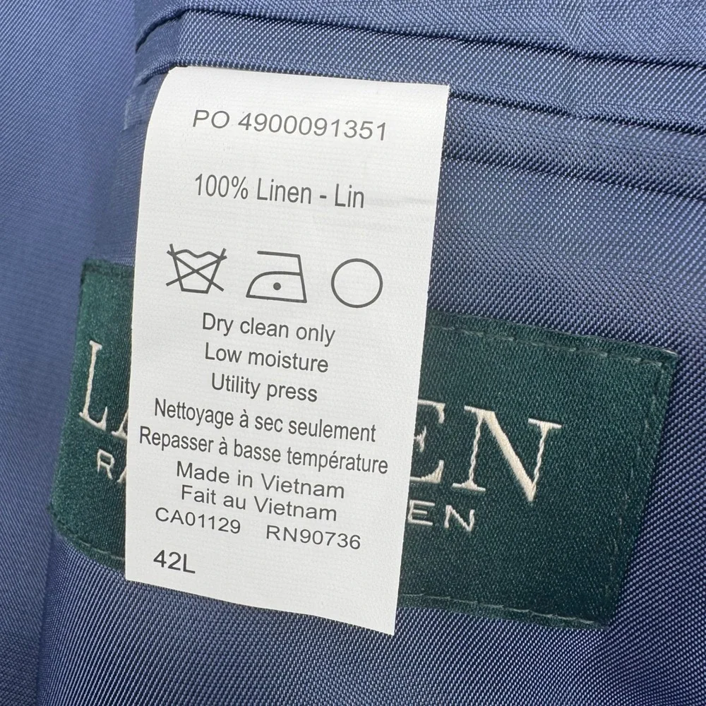 Lauren Ralph Lauren Mens 42L Blue Windowpane 100% Linen Sport Coat Blazer